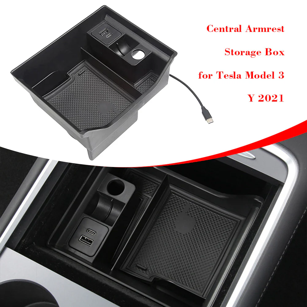 Tesla Model 3, Y Center Console Storage Box with USB & Cup Holder