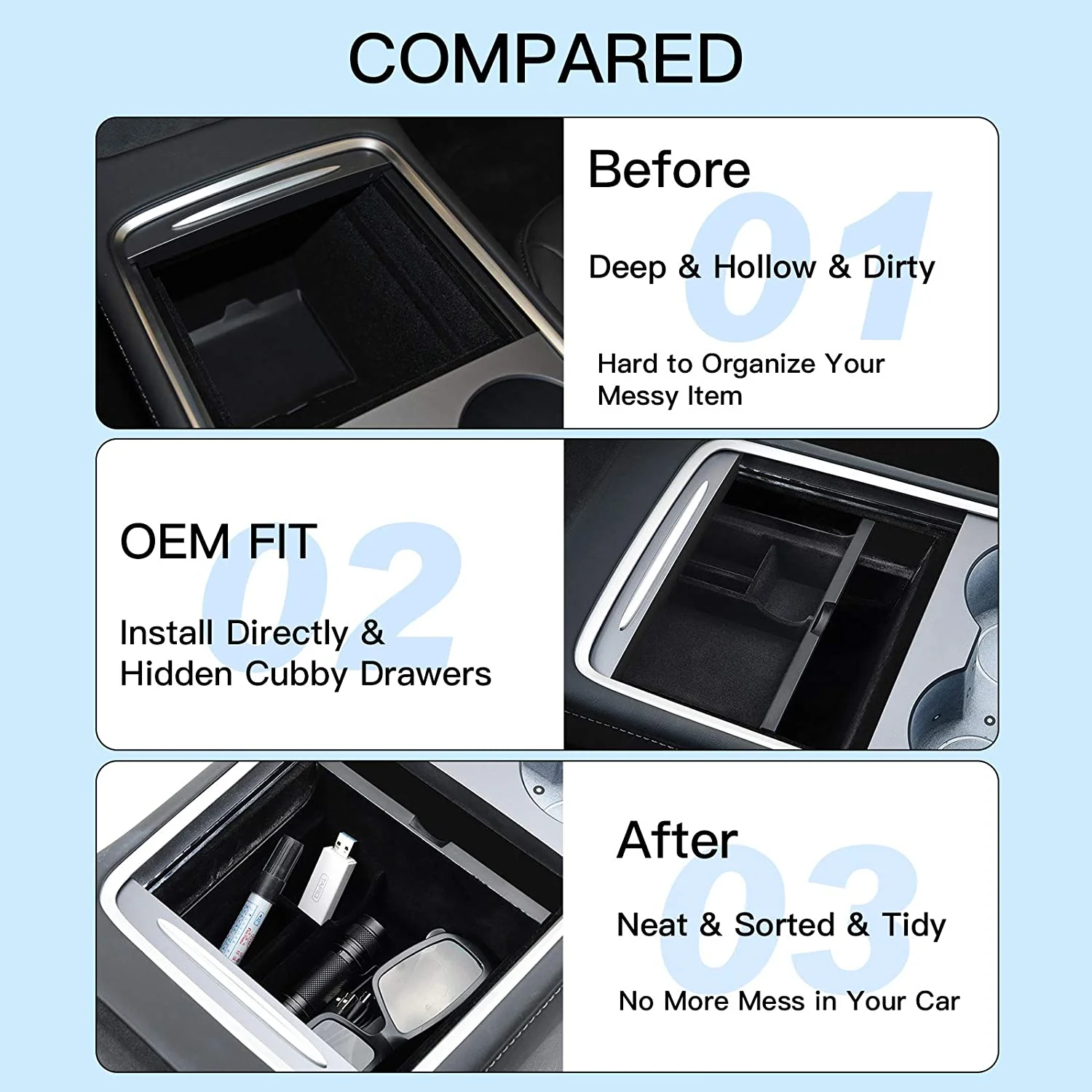 Tesla Model 3, Y, Center Storage Console Tray Organizer with Flocking - Image 4