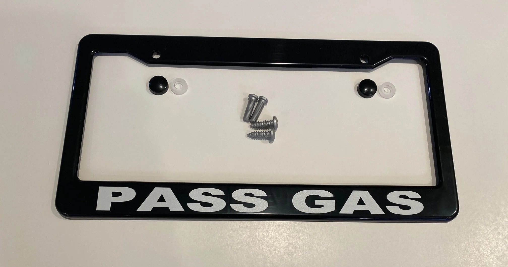Chevy Volt Black ABS License Plate Frame with lettering "PASS GAS"