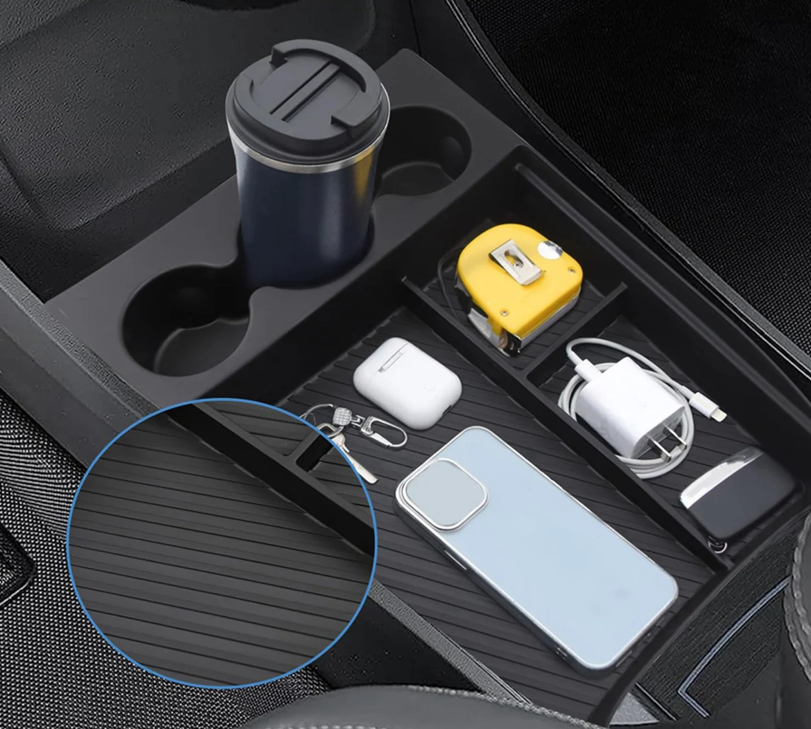 Front Lower Console Insert Storage Tray with Drink Holder for Rivian R1T, R1S - Image 2