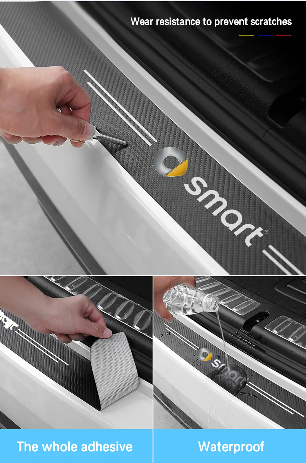 Smart Car Fortwo Door Sill & Rear Bumper, Trunk Protector Decals, Black Carbon Fiber. 5 pc Set - Image 6