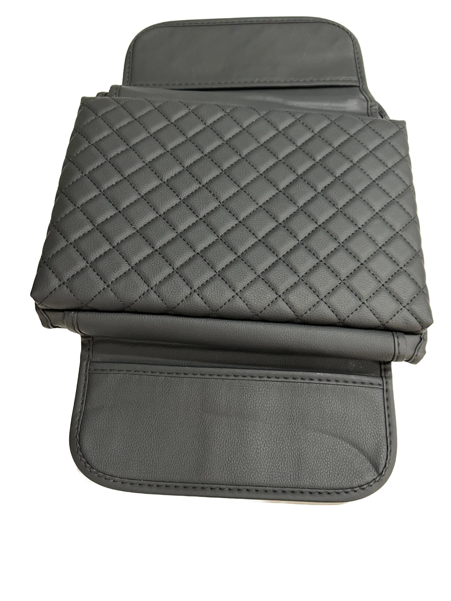 Tesla Cybertruck Leather Padded Diamond Pattern Console Cushion Armrest Cover W/ Pockets, Black, 2023-2025