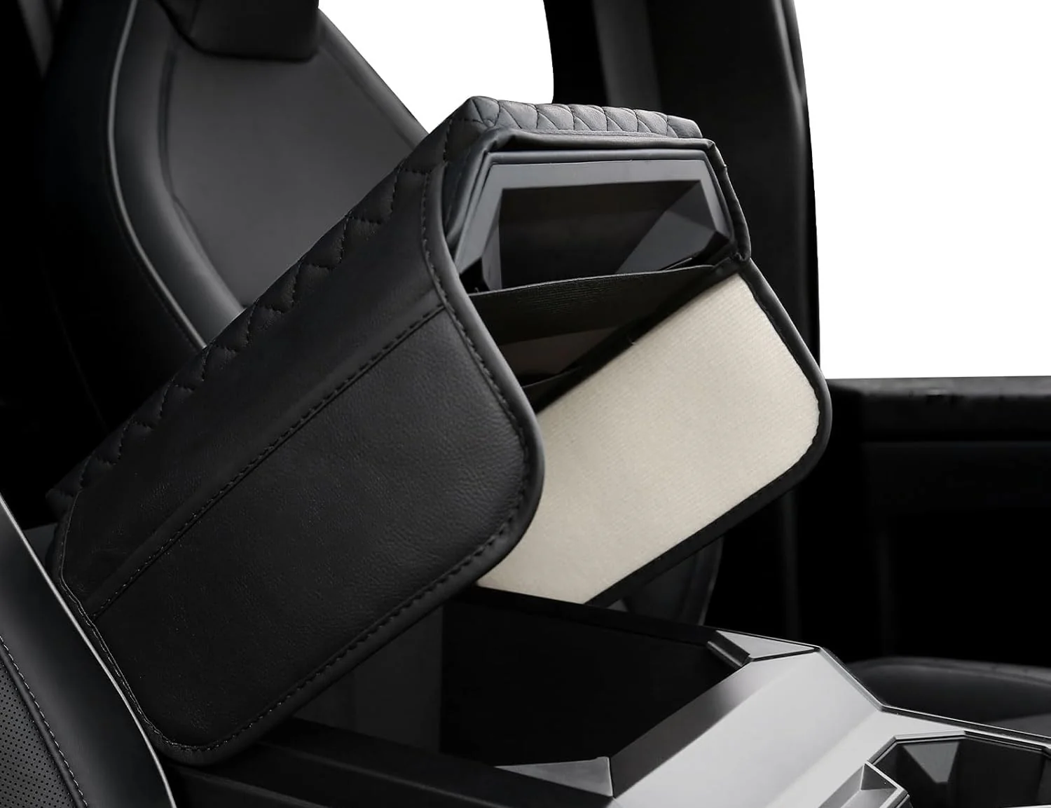 Tesla Cybertruck Leather Padded Diamond Pattern Console Cushion Armrest Cover W/ Pockets, Black, 2023-2025 - Image 3