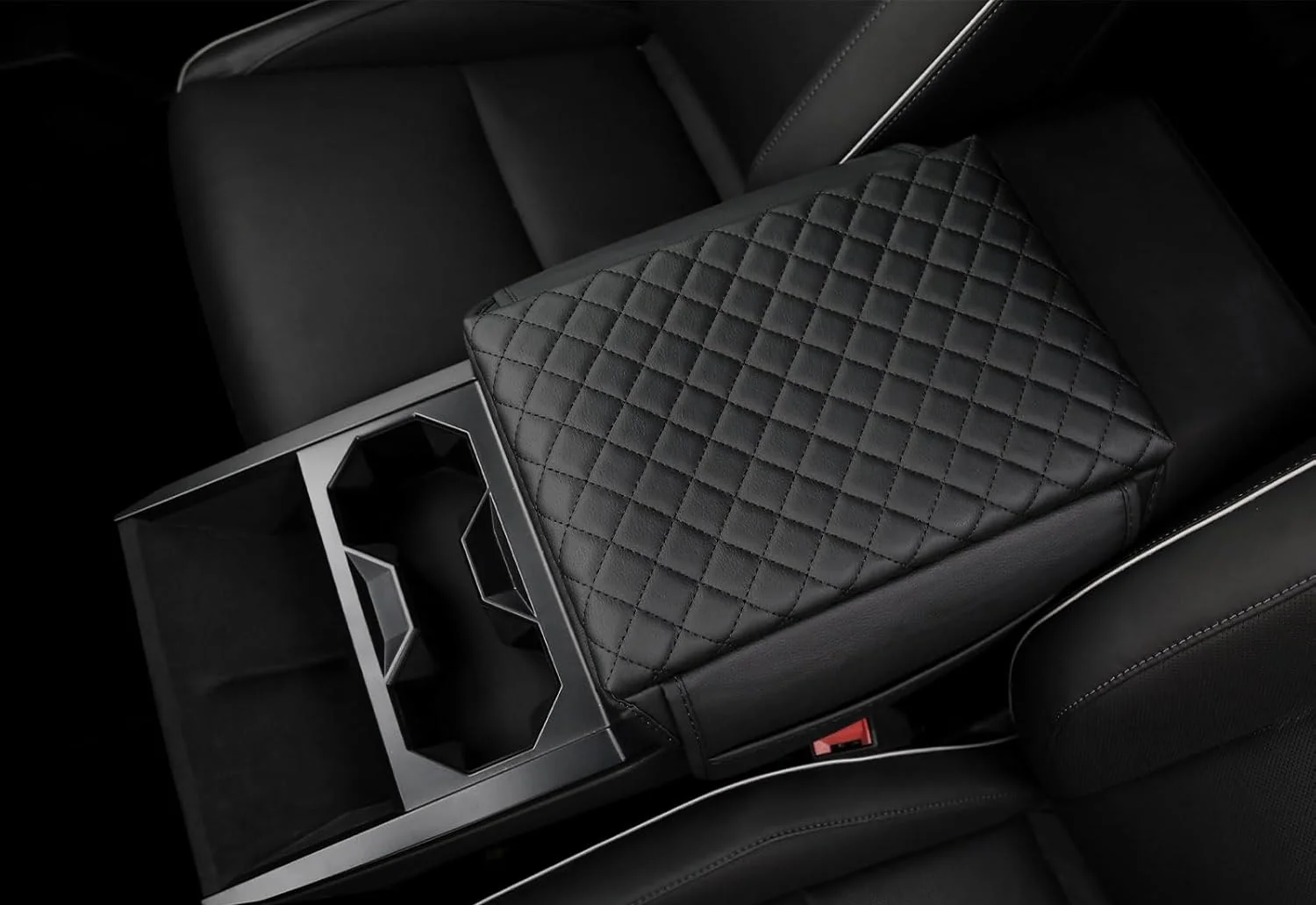 Tesla Cybertruck Leather Padded Diamond Pattern Console Cushion Armrest Cover W/ Pockets, Black, 2023-2025 - Image 4