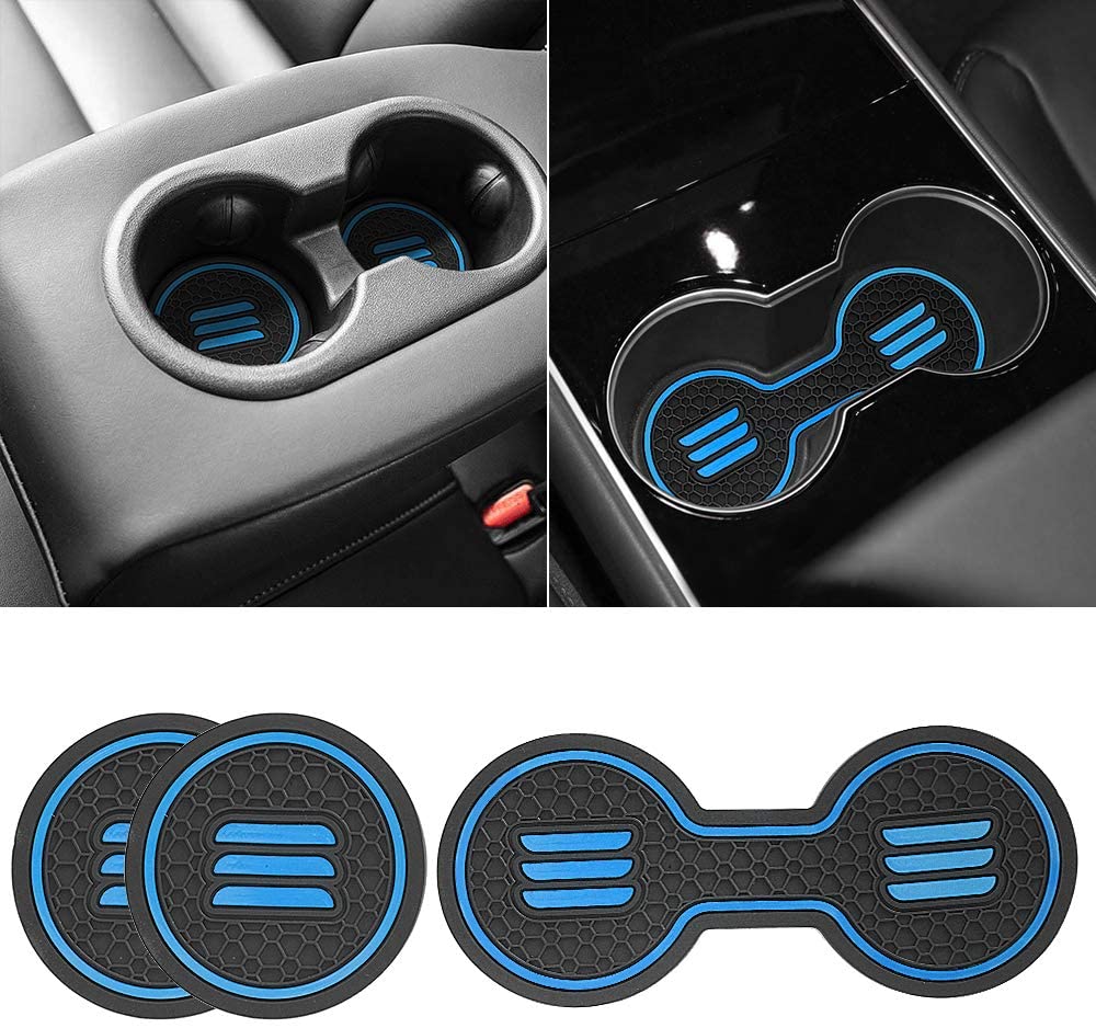 Tesla Model 3 Cup Holder Coaster Inserts, 3 Pcs Set, Blue, 2017-2020