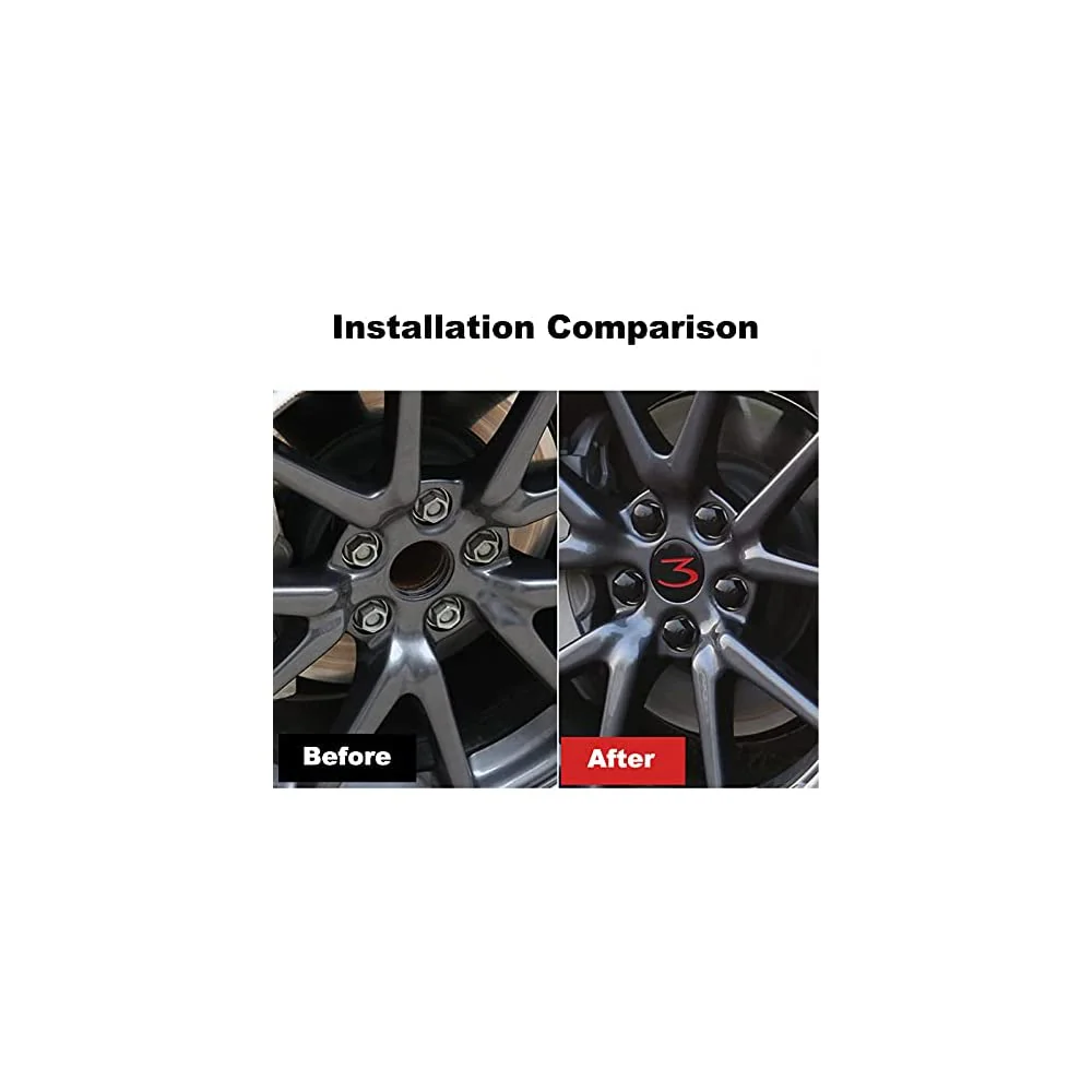 Tesla Model 3 Wheel Cap Kit, Red 3 Logo, Matte Black Lug Cap Covers, 2017-2023 - Image 3
