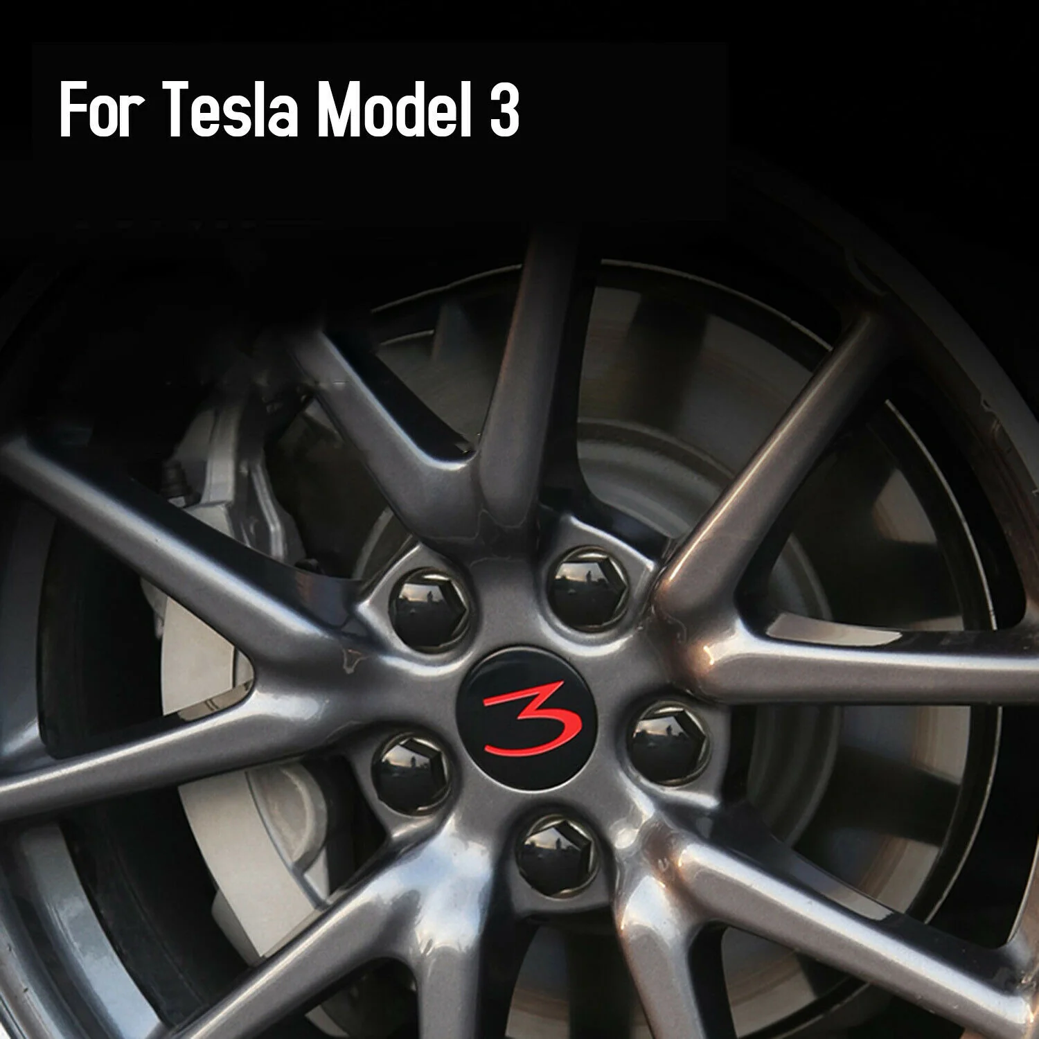 Tesla Model 3 Wheel Center Caps, Black / Red, 3 Logo, 2017-2023 - Image 3