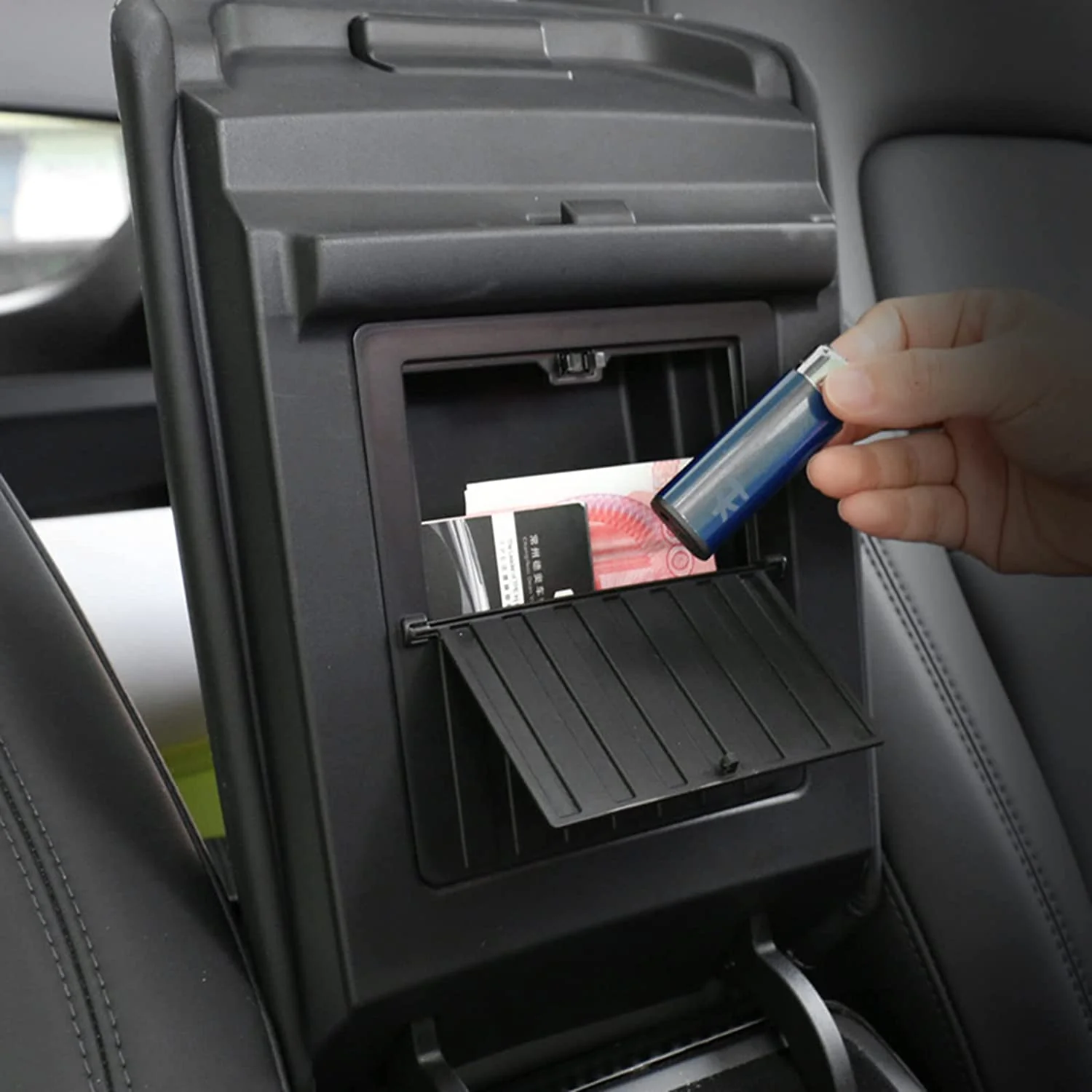 Tesla Model 3, Y, Center Console Organizer Armrest Hidden Storage Box, Black - Image 3