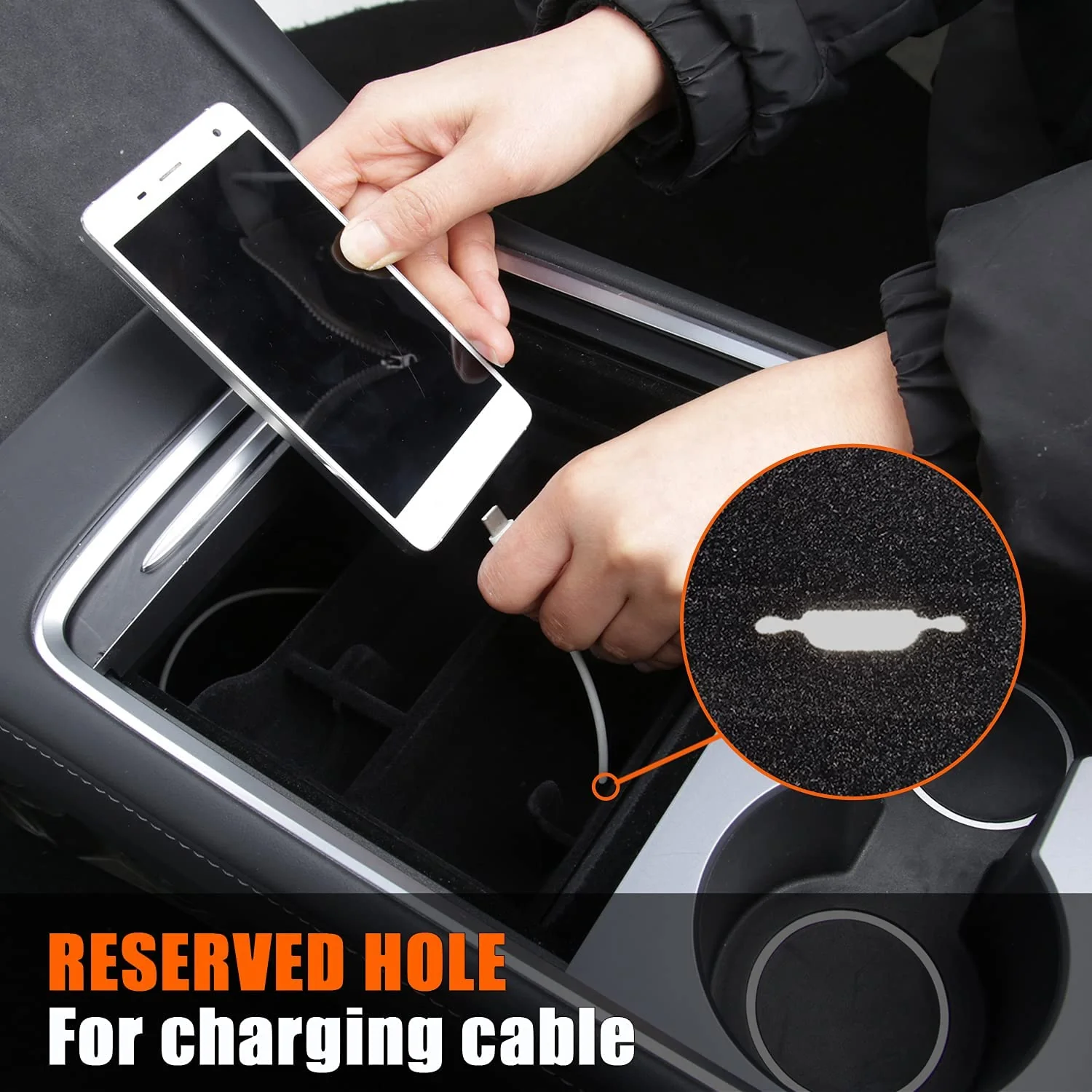 Tesla Model 3, Y Center Console Organizer Tray, Flocked Armrest Storage Box Hidden Cubby Drawer with Cable Hole - Image 3