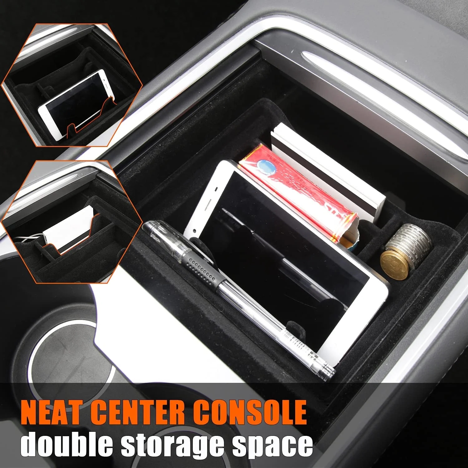 Tesla Model 3, Y Center Console Organizer Tray, Flocked Armrest Storage Box Hidden Cubby Drawer with Cable Hole - Image 5