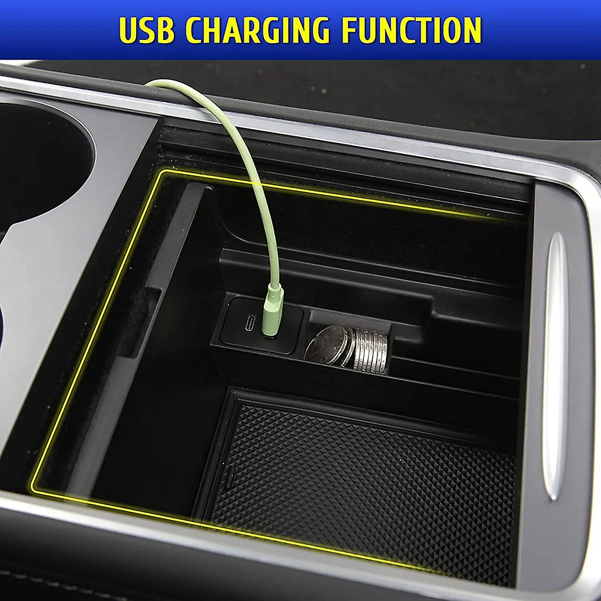 Tesla Model 3, Y Center Console Storage Box with USB Port, Pop-Up Click Function - Image 2