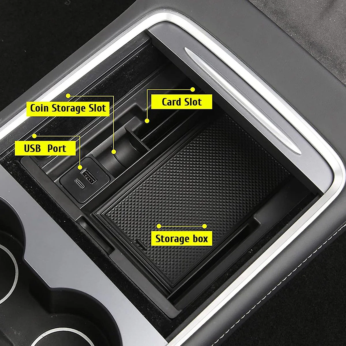 Tesla Model 3, Y Center Console Storage Box with USB Port, Pop-Up Click Function - Image 3