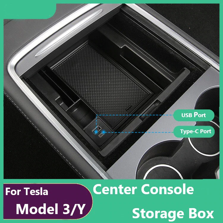 Tesla Model 3, Y Center Console Storage Box with USB Port, Pop-Up Click Function - Image 5
