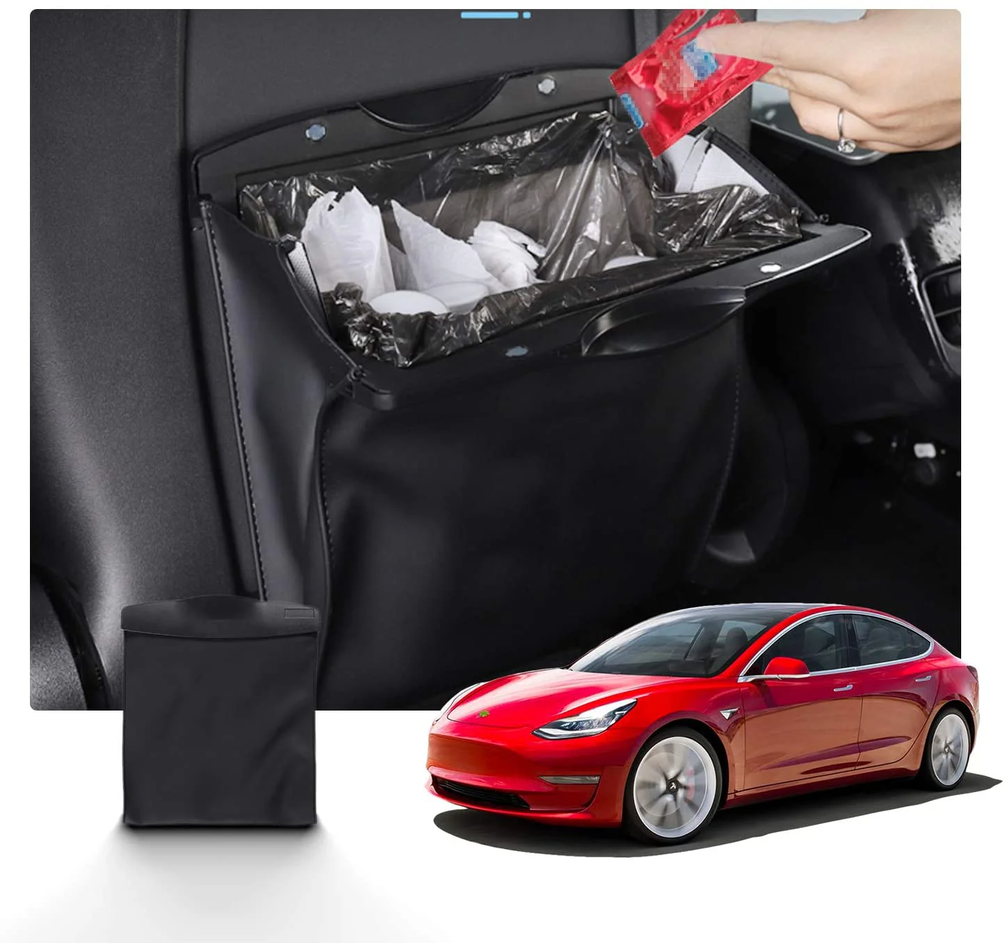 Tesla Model 3, Y Hanging Trash Can Or Storage Bin, Black Leather, Magnet Closure, Light