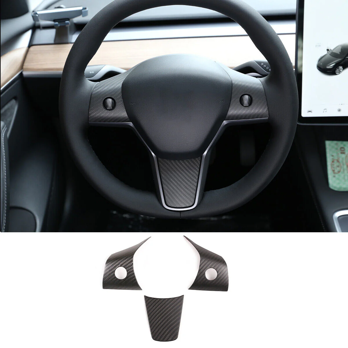 Tesla Model 3, Y, Matte Carbon Fiber Steering Wheel Trim, 2017-2024 - Image 3