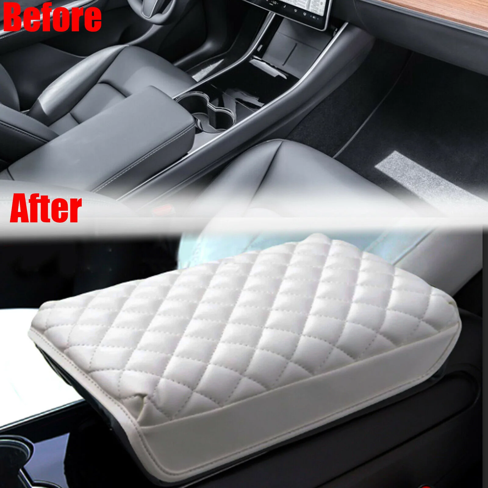 Tesla Model 3, Y, PU Leather Padded Diamond Pattern Center Console Cushion Armrest Cover, White - Image 2