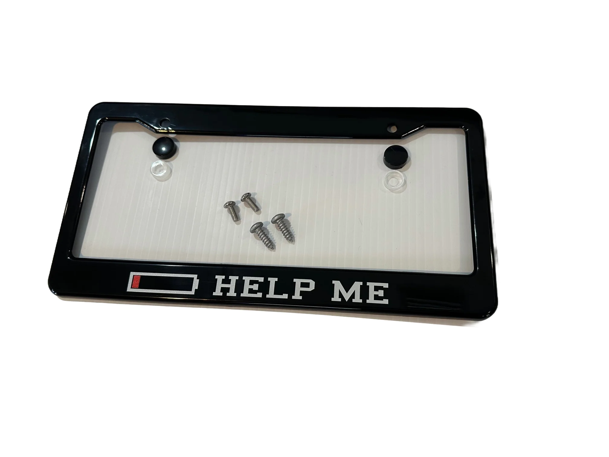Tesla Model S, 3, X, Y, Cybertruck Black ABS License Plate Frame with Lettering "LOW BATTERY HELP ME"