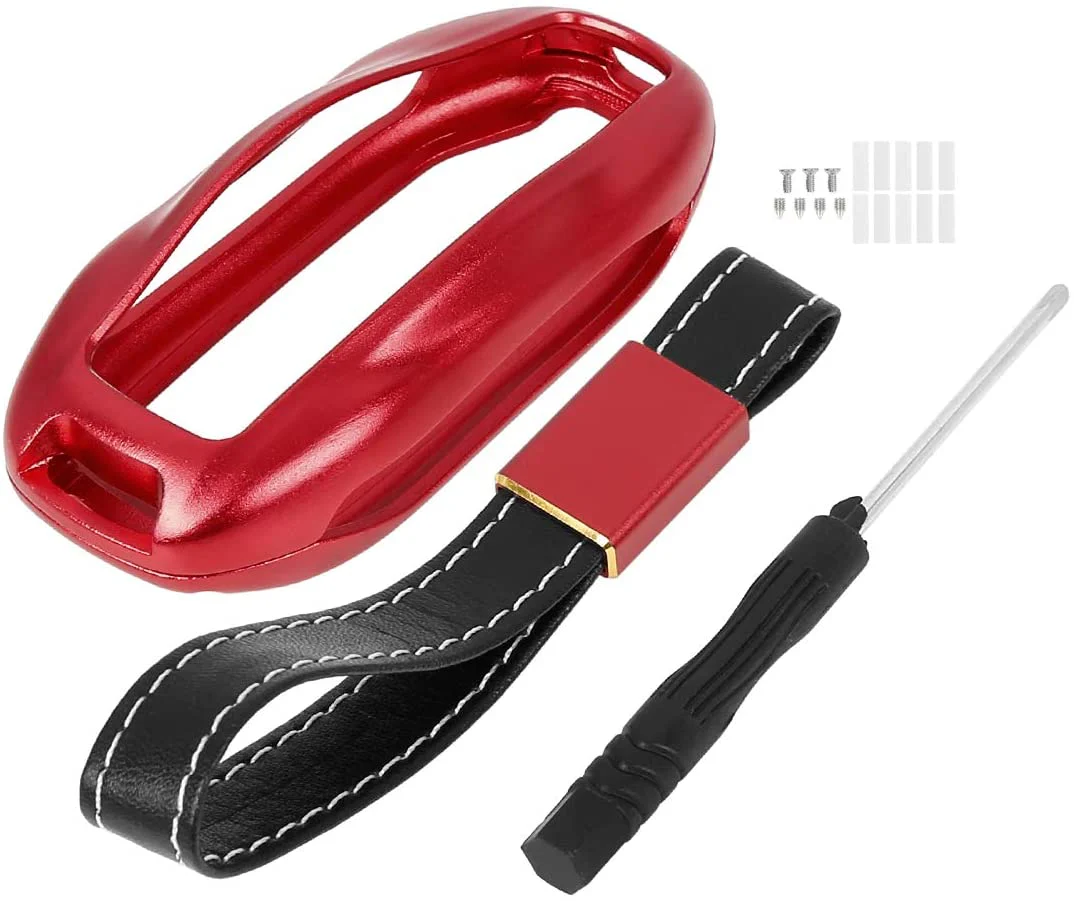 Tesla Model S, 3, Y, Aluminum Key Fob Cover with Key Chain, Red - Image 2