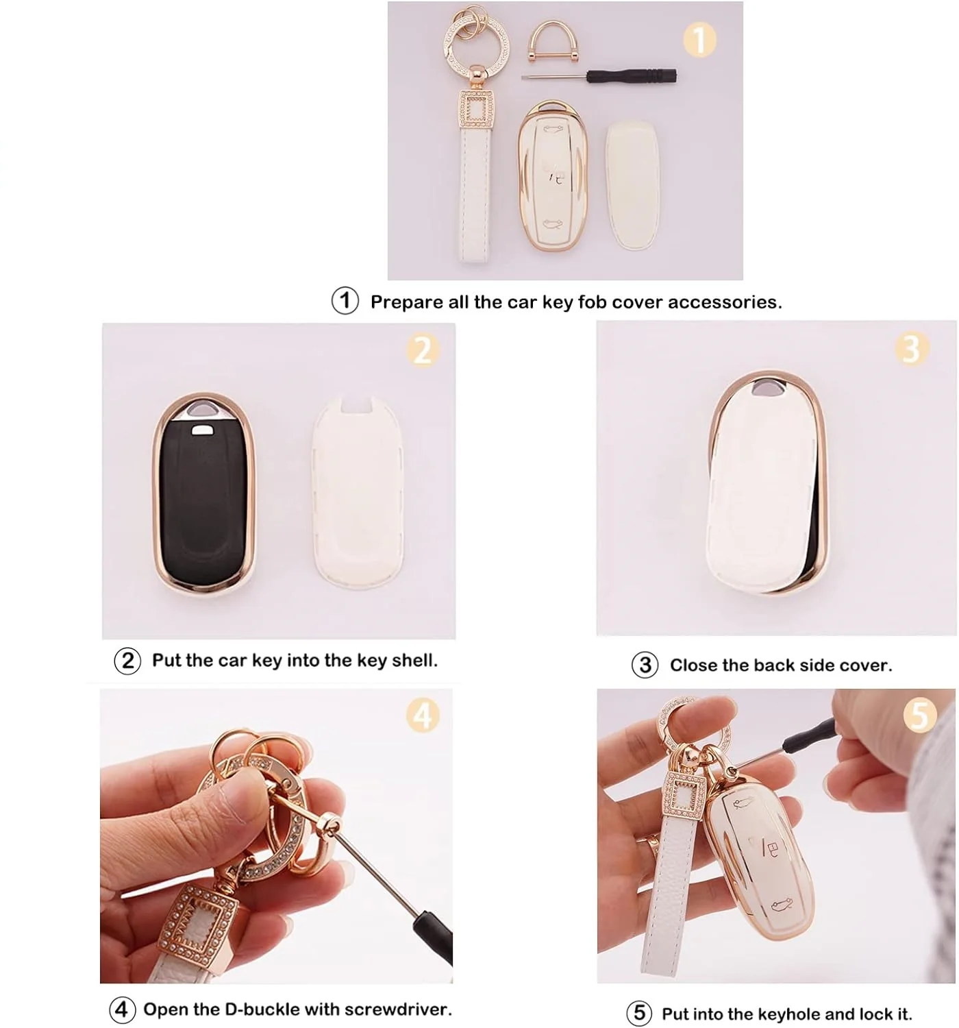 Tesla Model S, 3, Y, Soft TPU Key Fob Case Cover, White, with Gold Crystal Diamond Key Ring - Image 2