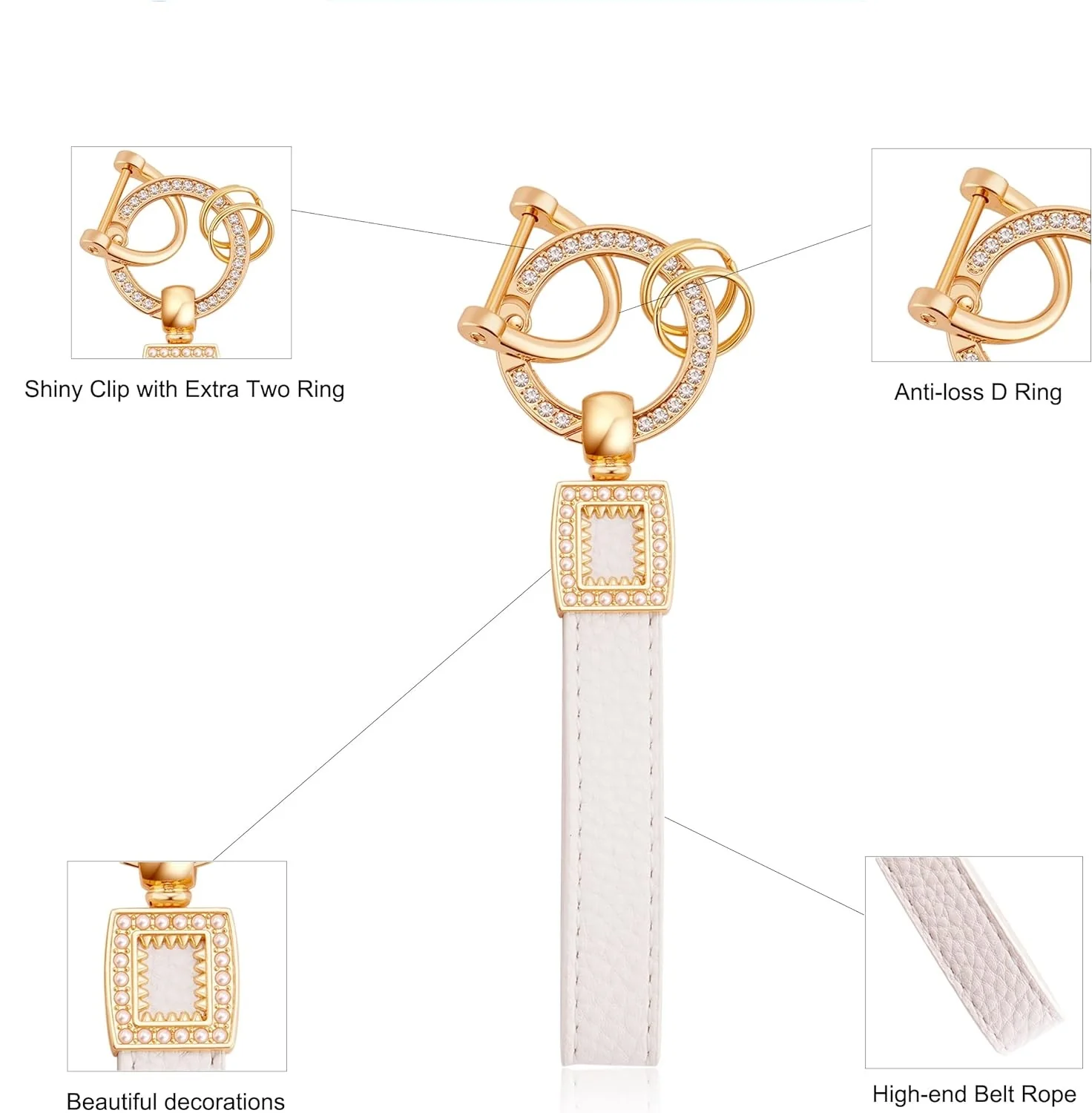 Tesla Model S, 3, Y, Soft TPU Key Fob Case Cover, White, with Gold Crystal Diamond Key Ring - Image 3