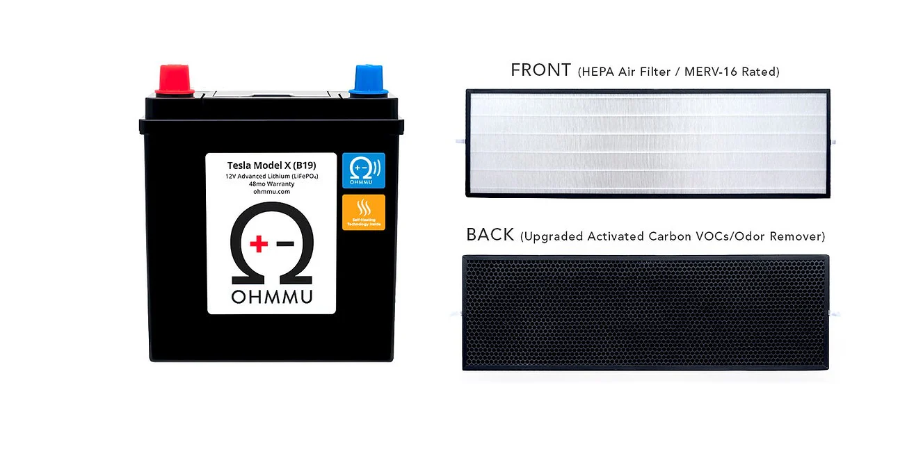 Tesla Model X 12 Volt Lithium Battery with HEPA Under Hood Cabin Filter, 2016-2021