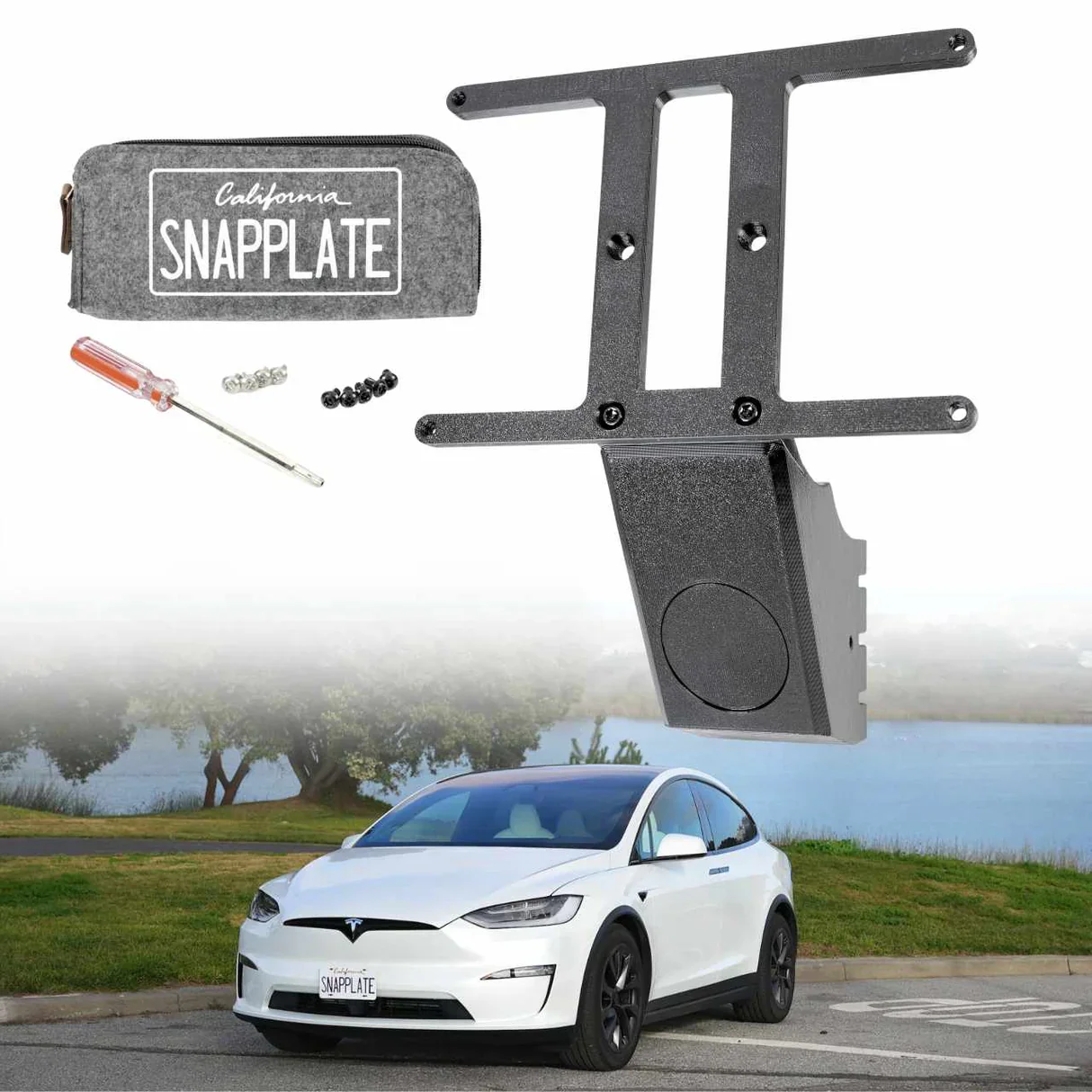 Tesla Model X SNAPPLATE Front License Plate Mount, Removable, with Bumper Camera, 2026