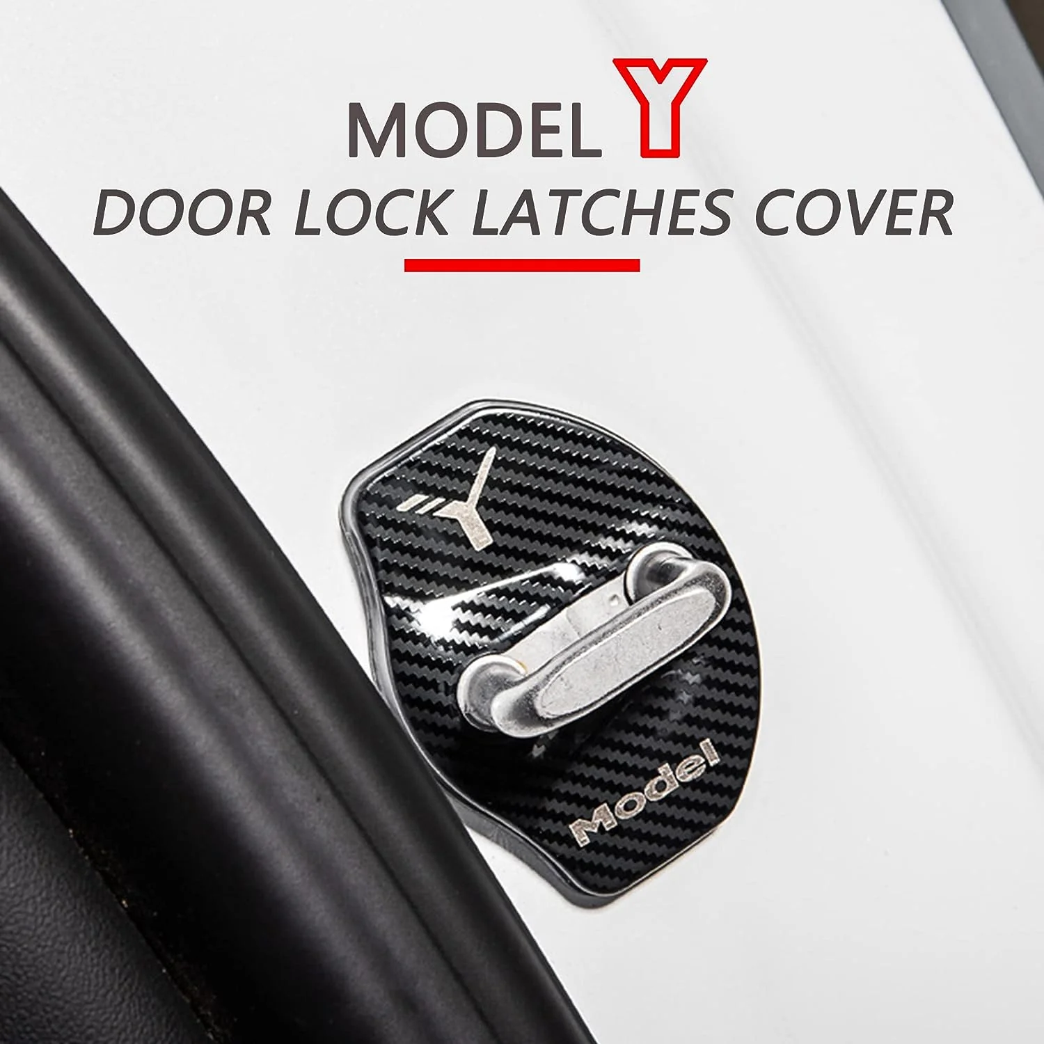 Tesla Model Y Door Latch Covers, Carbon Fiber Black Stainless Steel, 4pc Set - Image 3